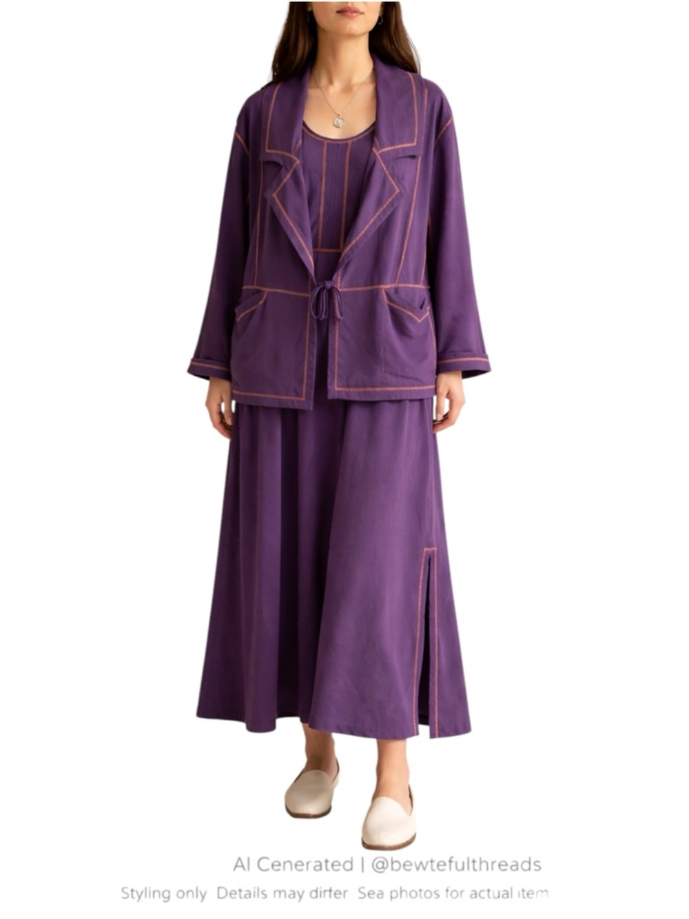 Artsy Lagenlook Purple 2PC Maxi Dress Set Contrast Stitch Boho Minimalist